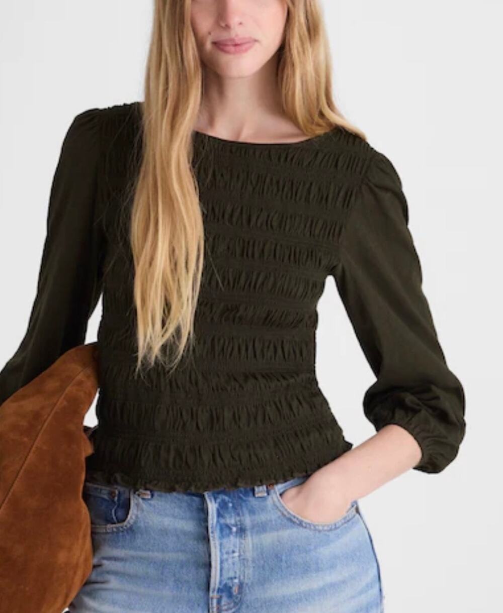 NWT Madewell Smocked Boatneck Top Black Long Sleeve Cropped Blouse Size S